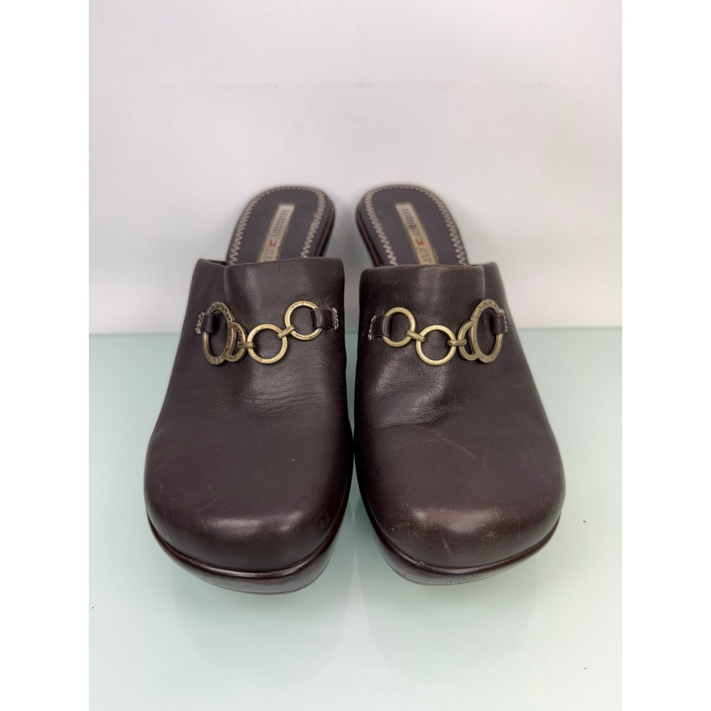 Tommy Hilfiger Tommy Girl Wedge Mule Clogs sz 6 Brown Leather Vintage 90s y2k - Picture 2 of 10